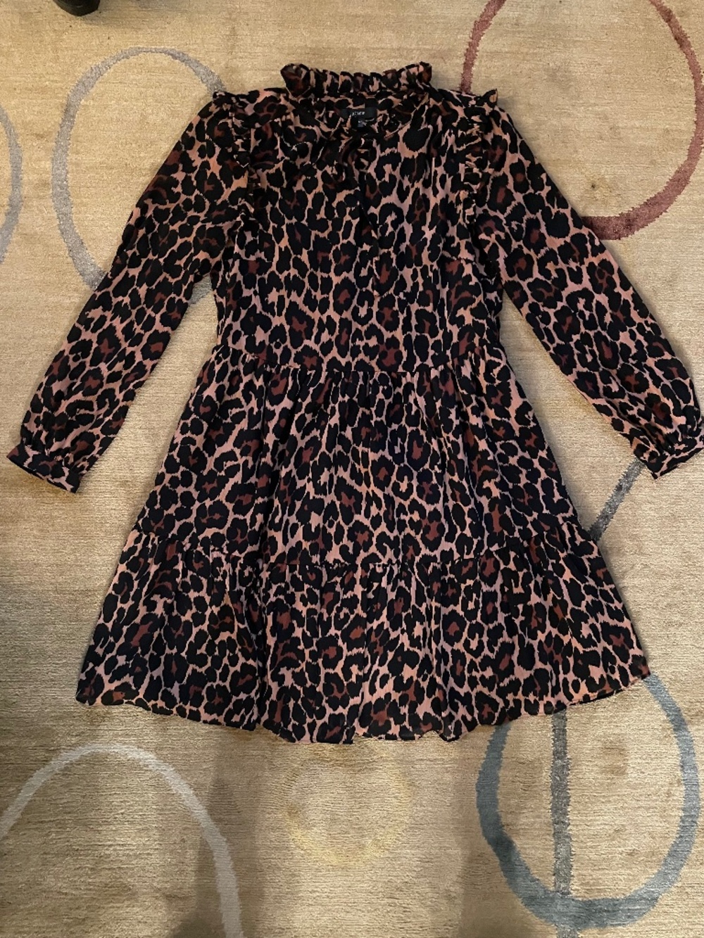 J Crew Brown Leopard Animal Print Long Sleeve Dress, XXS-XS